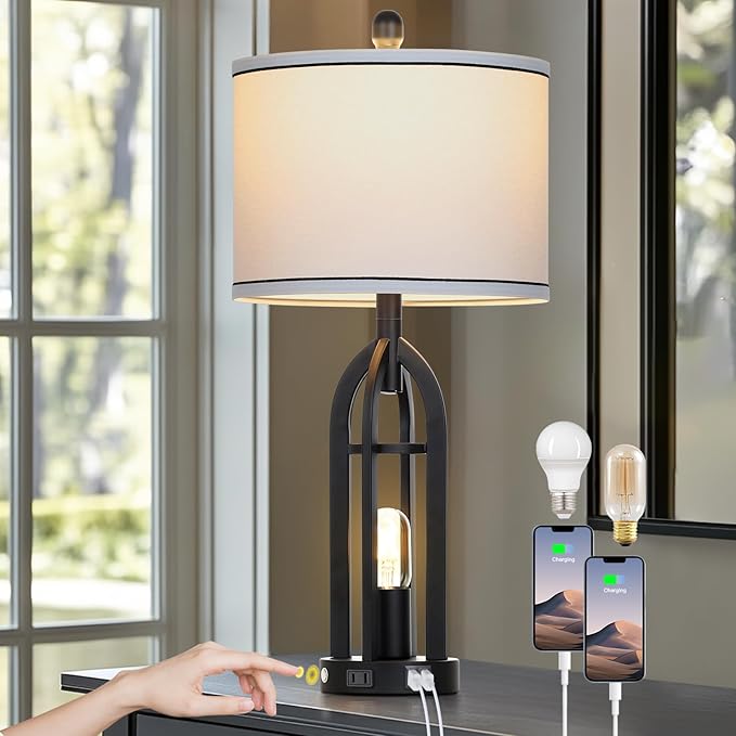27" Tall Vintage Table Lamp with USB C+A & Outlet,Black Industrial End Table Lamp for Living Room,Farmhouse Rustic Bedside Lamps with Night Light for Bedroom Nightstand,Black（2 LED Bulbs Included） - Bloomnest