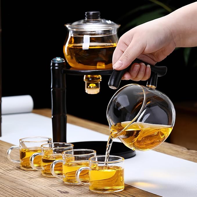 Glass Semi Automatic Tea Set，Lazy Kungfu Drip TeaPot, Magnetic Water Diversion Rotating Cover Bowl Semi-Automatic Glass Teapot，Heat Resistant Kungfu Tea Set Perfect of Holiday Gifts - Bloomnest