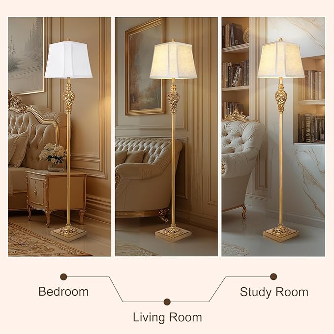 Vintage Farmhouse Floor Lamp with Nightlight, 65" Tall Standing Lamp with White Linen Fabric Shade, Antique Gold Finish, Elegant Reading Corner Light for Living Room, Bedroom, Office (Bulb Included) - Bloomnest