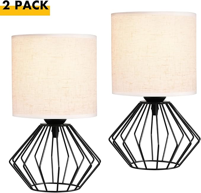 Hamilyeah Bedside Lamps Set of 2, Black Table Lamps with Beige Linen Fabric Shade, Industrial Lamps for Night Stands with On/Off Switch, Modern Simple Desk Lamps for Bedroom, Living Room - Bloomnest