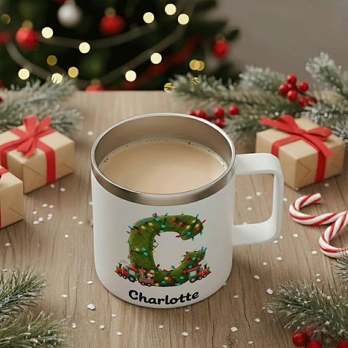 Personalized Kids Christmas Mug with Name, 12oz Insulated Tumbler with Handle, Custom Train Initial Cup, Holiday Xmas Gift for Boys, Son, Toddler Stocking Stuffer(B05) - Bloomnest