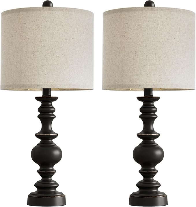 BOBOMOMO 24" Traditional Farmhouse Table Lamp Set of 2, Vintage Resin Lamps for Living Room Bedroom, Rustic Nightstand Lamp with Linen Shades, Retro Black Table Lamps for Living Room, Bedroom, Office - Bloomnest