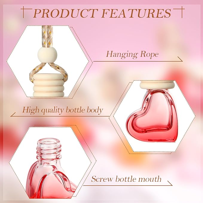 Rtteri 100 Pcs Hanging Car Air Freshener Diffuser Bottles Empty Glass Perfume Diffuser Vials Refillable Oil Aromatherapy Pendant with Wooden Caps and Hanging String for Car Home Office Decor(Heart) - Bloomnest