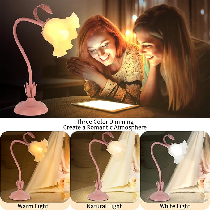 Cute Flower Desk Lamp, 3 Color Temperature Table Lamps with LED Bulb, Vintage Bedside Lamp, Reading Lamps with Soft Light for Bedroom, Living Room（Pink） - Bloomnest
