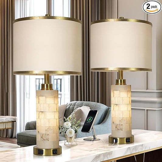 27" Natural Alabaster Table Lamps Set of 2, Lamps for Living Room Bedroom,Bedside Lamps with Night Light,Nightstand Lamp with USB A+C Ports,Modern Table Lamp with Linen Shade (Bulbs Included) - Bloomnest