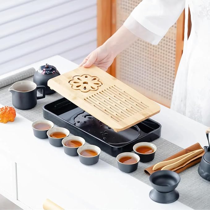 ICHAG Japanese & Chinese Tea Set, Adults' Portable Gongfu Tea Set with Teapet with Porcelain Teapot, 8oz Teapot,14-Piece 茶具 for Home/Outdoor/Office Gifts (Gray) - Bloomnest