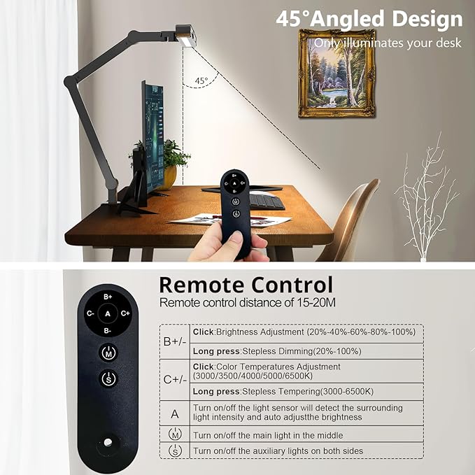Micomlan Desk Lamp with Clamp, Architect Led Desk Lamp for Home Office with Remote Control, 24W Ultra Bright Auto Dimming Computer Light Adjustable Table Light for Working Workbench (Remote) - Bloomnest