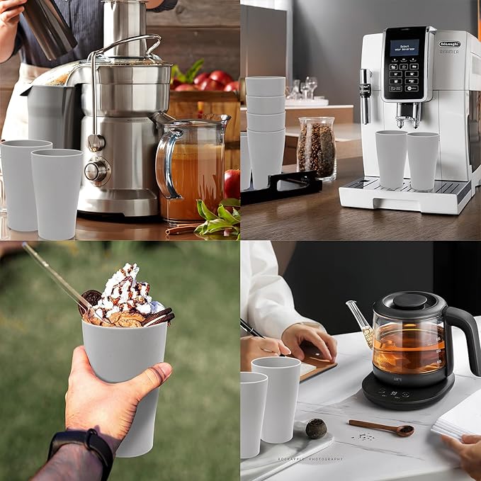EI Wheat Straw Cups 8pcs Grey Plastic Reusable Cups for Kitchen Unbreakable Plastic Drinking Glasses for Water, Coffee, Juice, Tea - Bloomnest