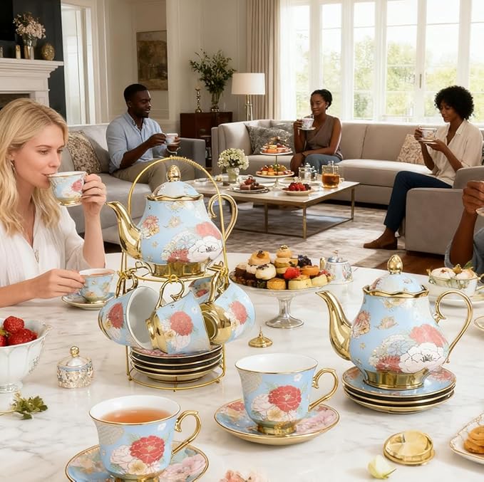 CHANJOON Gold Plated Red Rose Ceramic Tea Set, Vintage Tea Sets with Teapot, Beautiful Tea Set Coffee Serving 6 People (Green, X Large) - Bloomnest