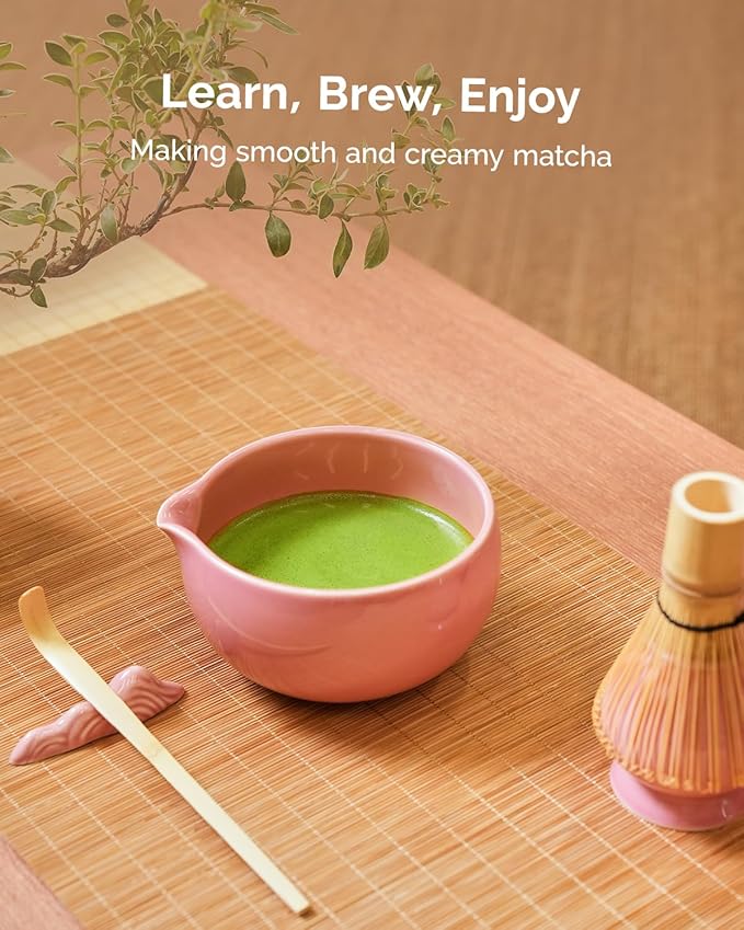 Maestri House Pink Matcha Whisk Set, 7-Pc Complete Matcha Kit with Spouted Ceramic Bowl, Bamboo Whisk and Holder, Scoop, Spoon Rest & Sifter, Tea Cloth – Ideal Gift for Matcha Lovers (Pink) - Bloomnest