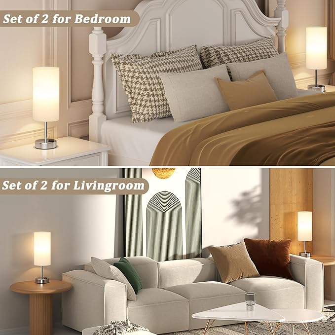 Bedside Table Lamps for Bedroom Set of 2 - Touch Lamp for Nightstand with USB-A+C Charging Ports - 3 Way Dimmable Small Desk Lamp White for Office, Dorm Room, Living Room, Reading, Nursery - Bloomnest