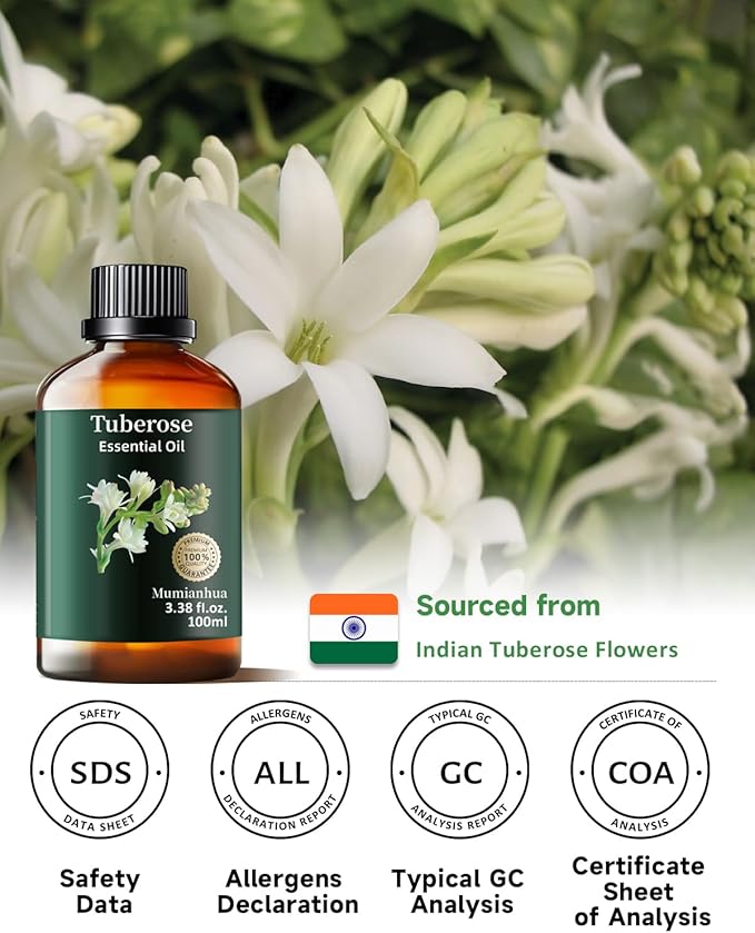 Mumianhua Tuberose Essential Oil 100% Pure Therapeutic Grade Natural Flower Tuberose Oil for Diffuser, Massage, Yoga, Skin,Hair, DIY Perfumes & Fragrance Candle Making Scents 3.38 Fl Oz - Bloomnest