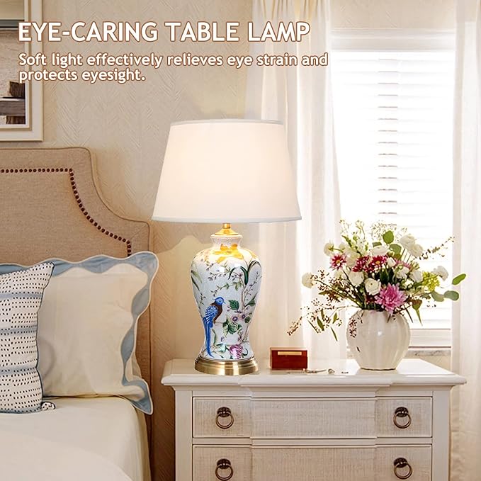 White Flower & Bird Ceramic Table Lamp,Hand-Painted Chinoiserie Lamp, Fabric Lampshade Nightstand Lamp for Bedroom Living Room Office College Bookcase - Bloomnest
