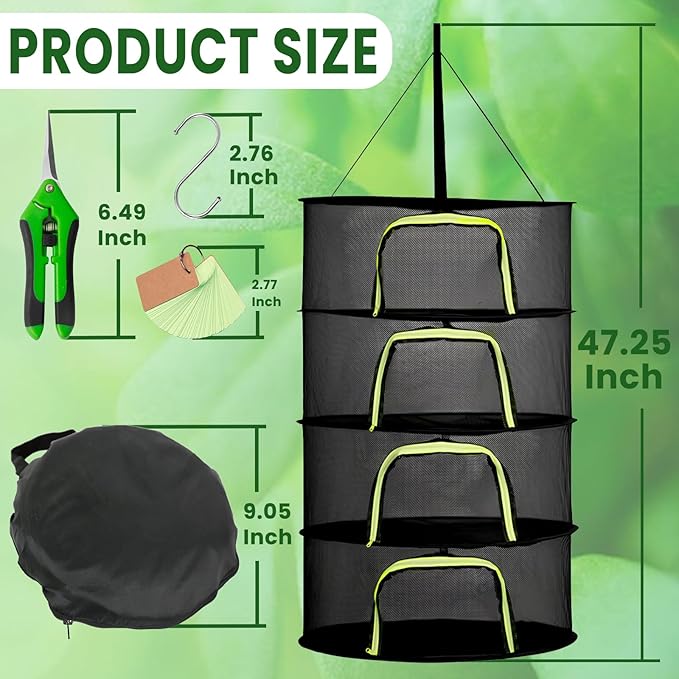 4 Layer 24" Herb Drying Rack Hanging with Garden Pruning Shears, Large Zipper, Hook & Notepad, Foldable Drying Rack for Herbs, Spices & Seasonings, Hanging Herb Dryer Indoor Outdoor - Bloomnest