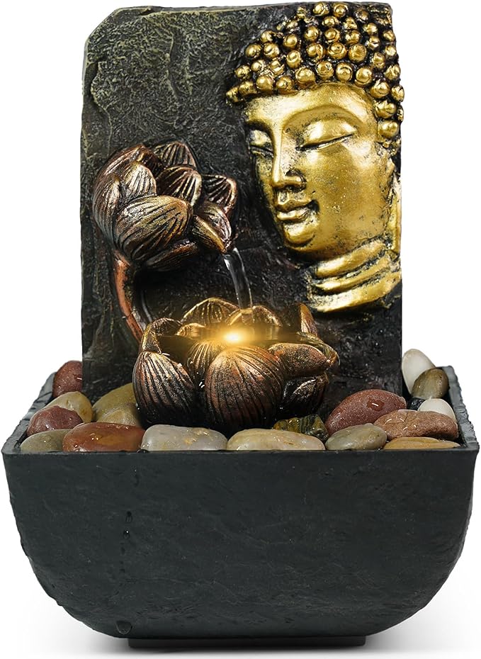 Ferrisland Tabletop Buddha & Lotus Waterfall Fountain with LED Light, Perfect for Zen Home & Office Decor(Gold) - Bloomnest