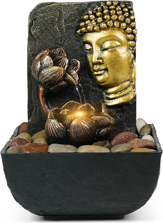 Ferrisland Tabletop Buddha & Lotus Waterfall Fountain with LED Light, Perfect for Zen Home & Office Decor(Gold) - Bloomnest