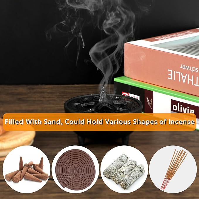 JUXYES Vintage Tripod Incense Burner Holder with Lid, Cast Iron Incense Holder Metal Cauldron Censer Antique Cone Coil Incense Burner Holder for Incense Resins, Charcoal, Cones or Wax Melts - Bloomnest