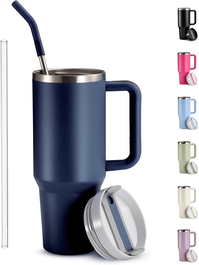 KooK Tumbler with Straw and Handle, 40 Oz, Stainless Steel, Vacuum Insulated Travel Coffee Mug, Reusable Double Walled Water Bottle, Keeps Hot or Cold (Storm Blue) - Bloomnest