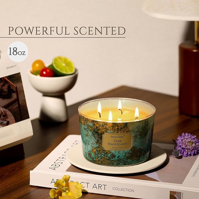 HomeLights Large jar Candle | 4-Wick Long-Lasting Scented Candles, 18oz Natural Soy Wax Candle for Home Scented, Industrial Chic Gifts for Women & Men, Teak Mahogany - Bloomnest