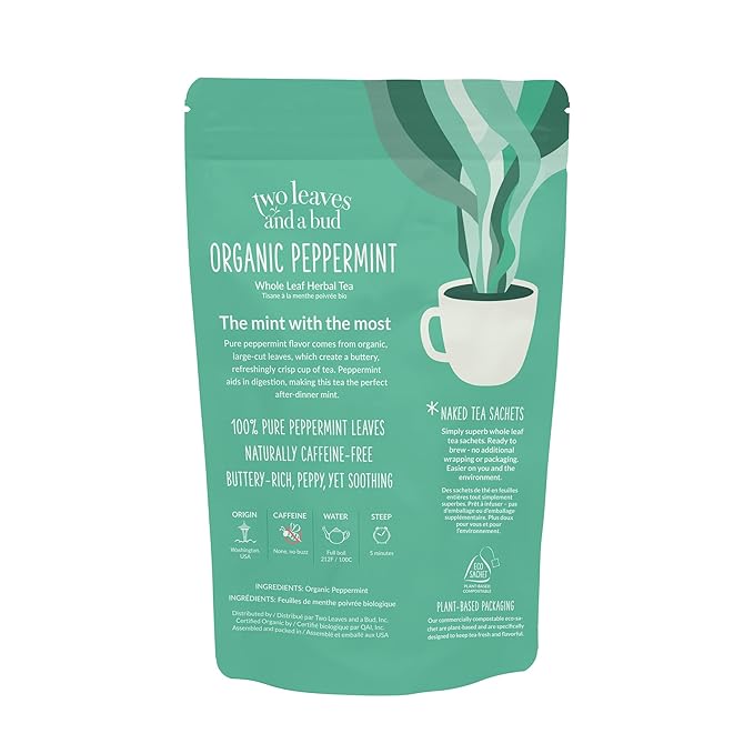 Two Leaves and a Bud Organic Peppermint - 50 Naked Tea Sachets, Naturally Caffeine Free, Whole Leaf Herbal Tea in Eco-Friendly Unwrapped Compostable Sachets, Resealable Bag, 50 Count (Pack of 1) - Bloomnest