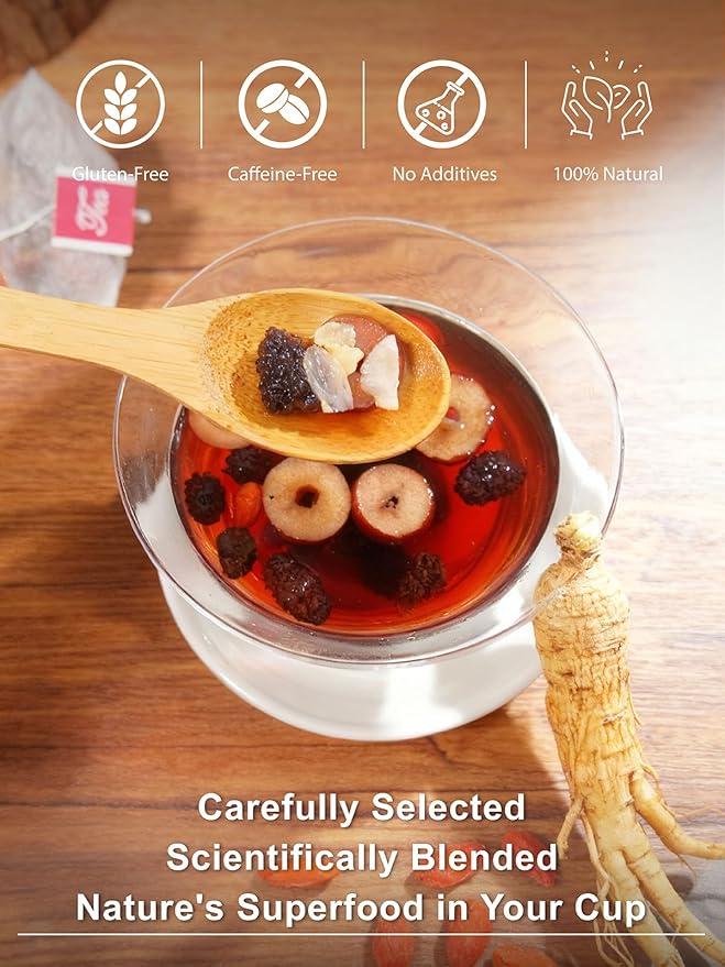TeeLux Ginseng Six Treasures Tea, Traditional Chinese Herbal Tea Blend with Ginseng, Mulberry, Goji Berry, Yam, 30 Biodegradable Pyramid Bags, Caffeine-Free - Bloomnest
