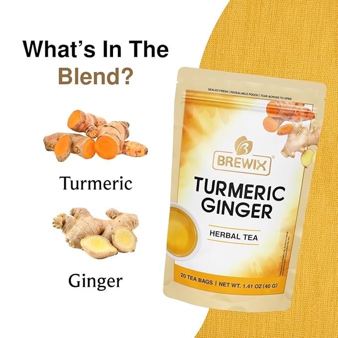 BREWIX, Turmeric Ginger Herbal Tea Bags (20 Pyramid Tea Bags) Real Ingredients From India, Naturally Caffeine Free | Pure Herbal Blend | Packed in Resealable Ziplock Pouch - Bloomnest