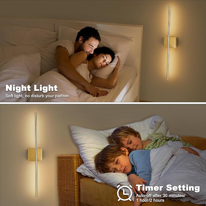 31.5 Inch Battery Operated Wall Sconce Set of Two, 8000mAh USB Rechargeable Wall Sconce with Remote Control, 360°Rotate Dimmable 3000K-6000K LED Wall Lights for Living Room, Hallway, Bedroom, Gold - Bloomnest