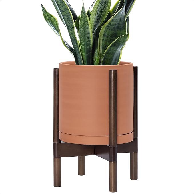 D'vine Dev Terracotta Planter with Walnut Color Stand - 10 Inch Modern Round Flower Pot with Wood Planter Holder, Terracotta, 55-B-X-5 - Bloomnest