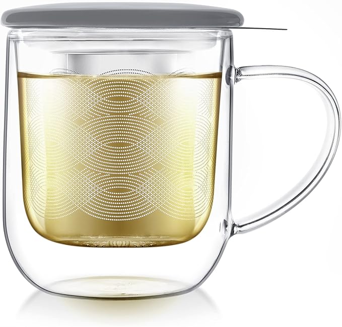 Teabloom Tea-For-One Steeping Mug – Insulated Double Wall Glass Mug (12 oz), Stainless Steel Infuser, Porcelain Lid/Coaster – Great For Brewing Loose Leaf Tea - Bloomnest