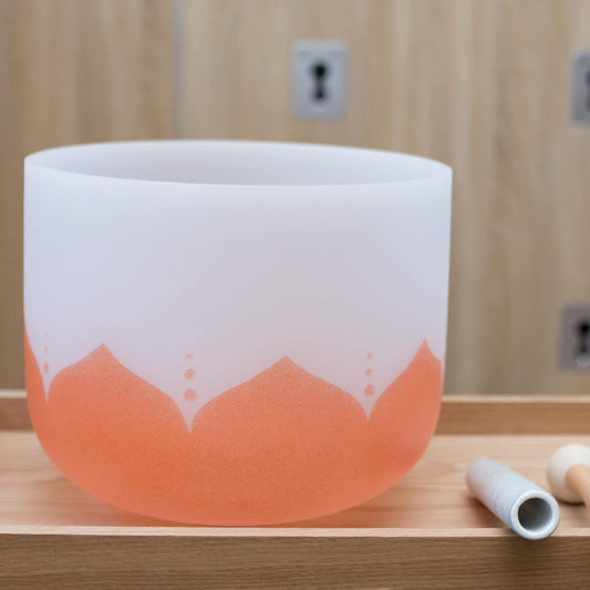 Leize Quartz Crystal Singing Bowl 432hz D Note Sacral Chakra Navel Chakra Orange Lotus Design 11" Wide with Suede Striker