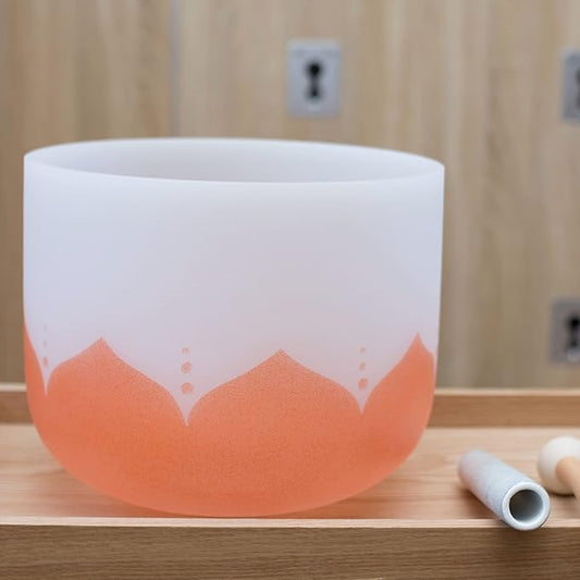 Leize Quartz Crystal Singing Bowl 432hz D Note Sacral Chakra Navel Chakra Orange Lotus Design 11" Wide with Suede Striker - Bloomnest