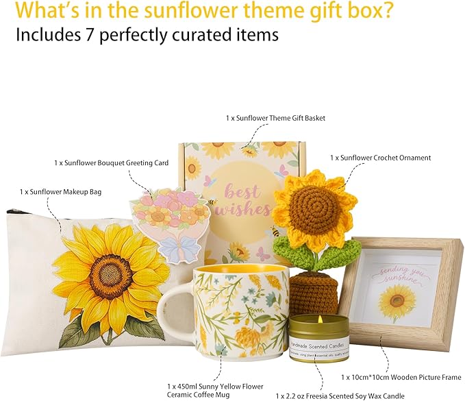 Birthday gifts for women, sunflower gift baskets, care package,sending you sunshine gift box for women with coffee mug and sunflower crochet, unique sunshine themed gift box. - Bloomnest