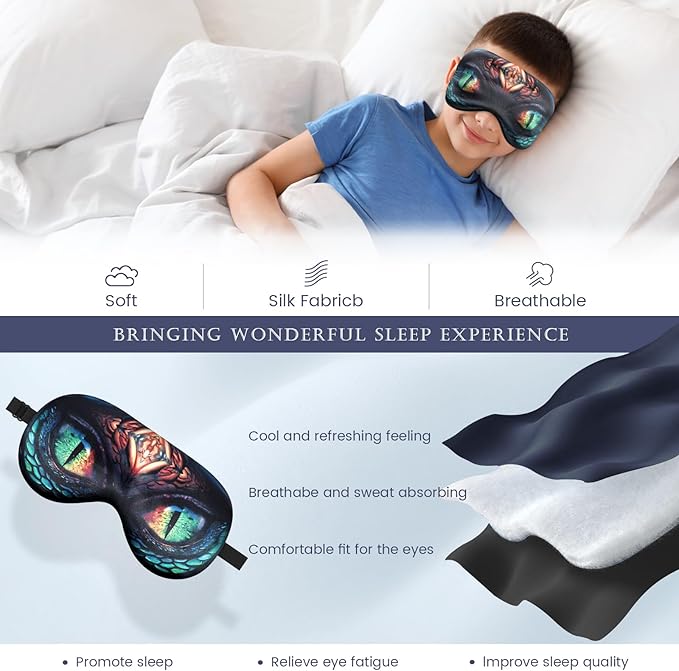 2 Pcs Sleep Mask for Kids Boys, Silk Eye Covers for Sleeping, Adjustable Strap & Light Blocking Design, Adult Children's Bedtime Blindfold for Travel and Home Use (Red Dinosaur Eyes) - Bloomnest