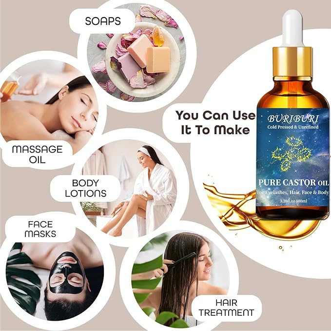 BURIBURI Castor Oil Pure Carrier Oil with Applicator Kit, 100% Pure, Organic, Cold-Pressed, Natural Castor Oil 100ml/3.38fl.oz - Bloomnest