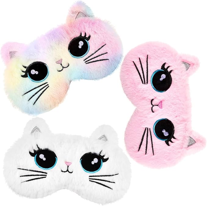 3 Pieces Sleep Mask for Kids, Girls Plush Sleeping Eye Cover Soft Eye Blindfold Cover Animal Shade for Kids(Colorful,Cat Style) - Bloomnest