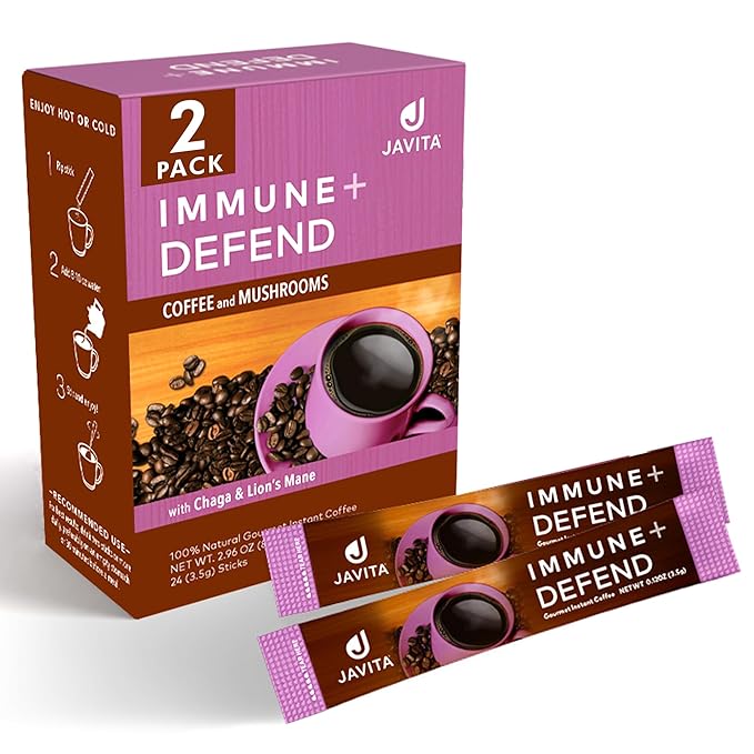 Mushroom Coffee by Javita, Immune & Defend Blend of Chaga, Lion's Mane and Dark Roast Coffee for Morning Boost, Antioxidant Support; Keto-friendly, 24 (3.5g) Sticks, 2 boxes - Bloomnest
