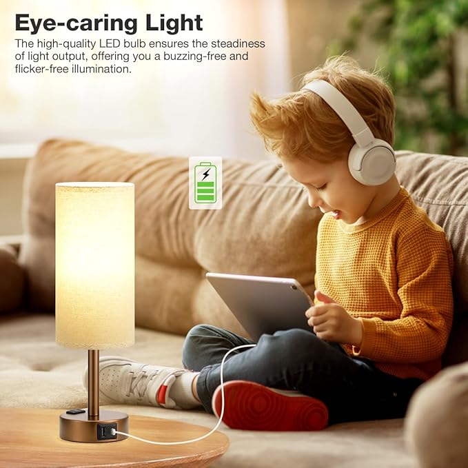Fenmzee Brown Bedside Table Lamp for Bedroom - 3 Way Dimmable Touch Lamp USB C Charging Ports and AC Outlet, Small Lamp Round Flaxen Fabric Shade for Living Room, Desk, LED Bulb Included - Bloomnest