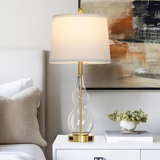 27.5" Clear Glass Table Lamp Set of 2,3-Way Dimmable Touch Control Bedside Lamps with USB Ports and AC Outlet, Modern Nightstand Lamps Gold lamp for Bedroom Living Room - Bloomnest