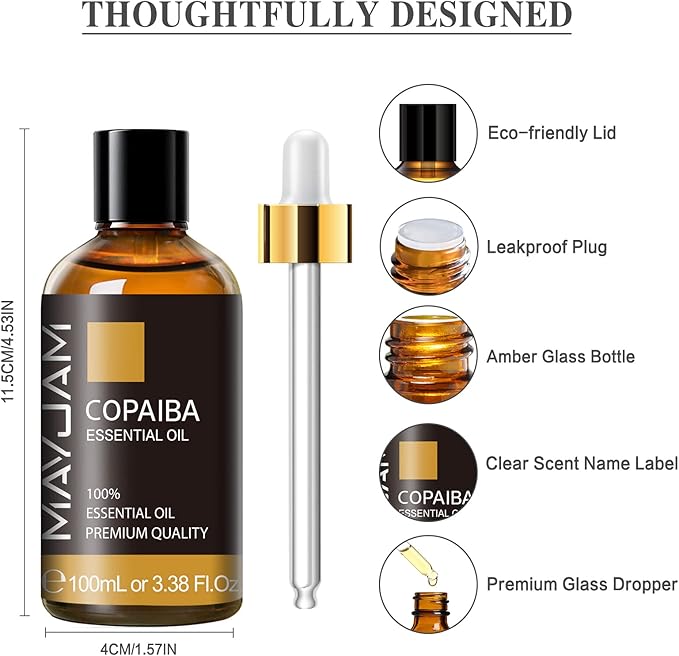 Copaiba Essential Oil, MAYJAM Pure Essential Oils for Diffusers, 3.38FL.OZ/100ML Large Volume Copaiba Oil with Premium Glass Dropper MAYJAM