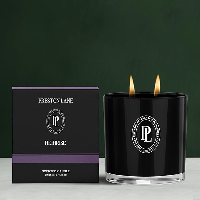Preston Lane Luxury 2-Wick Scented Candle, Highrise, 7.5 oz Hand-Poured in USA | Long Burn Time (20-30 Hrs), Vegan Soy Wax Blend, Decorative Glass Vessel, Fine Italian Fragrance - Bloomnest