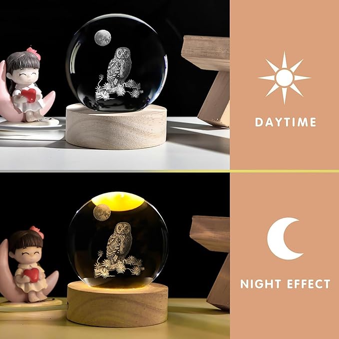 3D Laser Etched Owl Crystal Ball with LED Stand, Glass Owl Animal Figurine Lamp Night Light Gifts for Women Kids(2.4 in) - Bloomnest