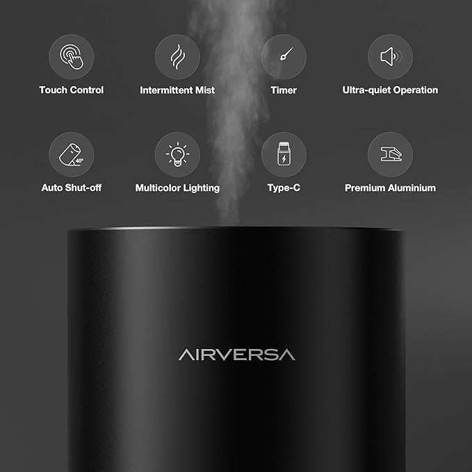 Airversa Waterless Essential Oil Diffuser for Home Room Desk Car Air Freshener Diffuser, Up to 600 sq ft, Battery Operated, Mist Level and Timer Settings, 100mL Capacity, Cold Air, RD1 Black - Bloomnest