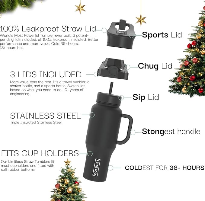 Coldest Tumbler with Handle and Straw - 100% Spill Proof Tumbler with Straw (3 Lids) - Stainless Steel Insulated Leakproof Tumblers for Women & Men - 36 oz (Snow Reflections) - Bloomnest