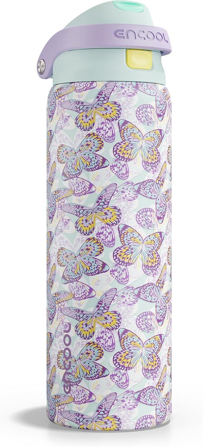 ENCOOL Leakproof Insulated Water Bottle with Straw Dual-Sip Water Bottle Bag-Safe Design for Work, Commute & Gym – Keeps Drinks Cold All Day, 32 oz, Mosaic Butterfly ENCOOL
