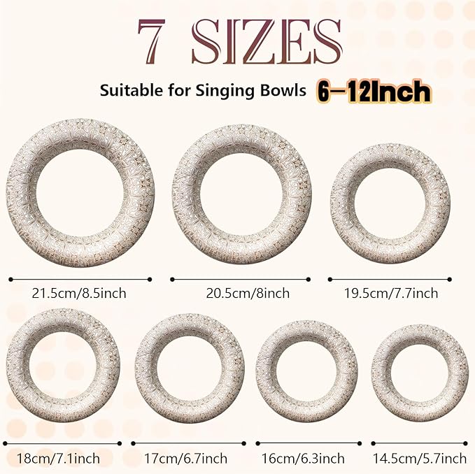 7 Pcs Singing Bowl Cushion Set for 6-12" Tibetan Singing Bowls, Handmade Silk Brocade Round Cushion Pillow for Meditation Sound Healing and Crystal Sound Bowls Accessories(Silver) - Bloomnest