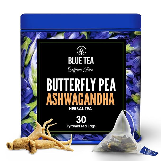 BLUE TEA - Blue Flower Ashwagandha Tea Bags - 30 Pyramid Tea Bags Used in Food, Iced Tea, Cooler, Mocktails | Eco-Conscious Tin Pack - GIFT | - Bloomnest