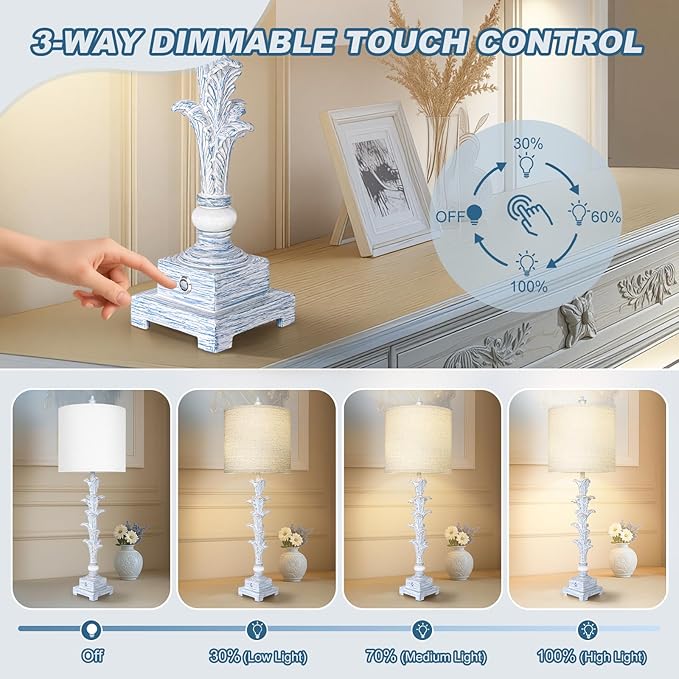 33'' Touch Table Lamp Set of 2 for Living Room , 3-Way Dimmable Buffet Lamps with USB Ports and White Shade, Vintage Farmhouse Bedside Nightstand Lamps for Bedroom Office Study Dinning (Bulb Included) - Bloomnest