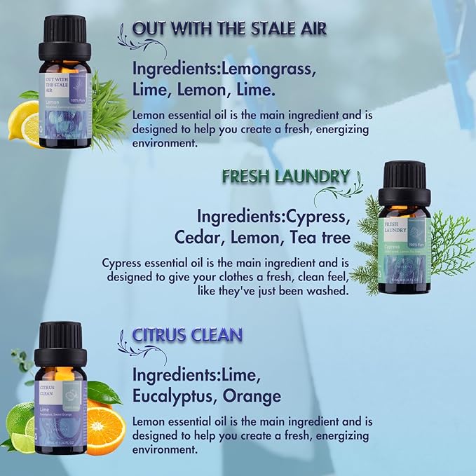 Essential Oils for Laundry - 100% Pure Essential Oils for Diffusers for Home,6x10ml(Clean)- Aromatherapy Oils for Humidifiers,Wool Dryer Balls,Clean Linen - Bloomnest