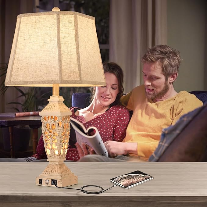 AIDENOEY Farmhouses Table Lamp with USB & USB-C Charging Ports, 3-Color Dimmable & Stepless Bottom Dimming, Touch Control & Switch, Vintage Bedside Lamp for Bedroom Living Room Office,(27.5" high)