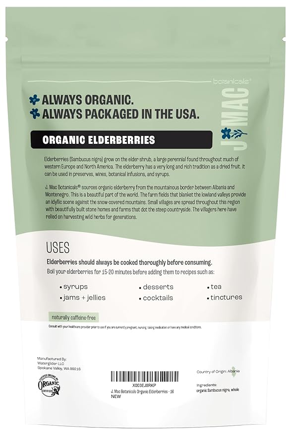 J MAC BOTANICALS Certified USDA - 100% Organic Dried Elderberries - 2lb Bulk - Non-Irradiated, Non-GMO, Whole Black Elderberry Immune Support - Raw Vegan Sambucus 2 Pack - Bloomnest